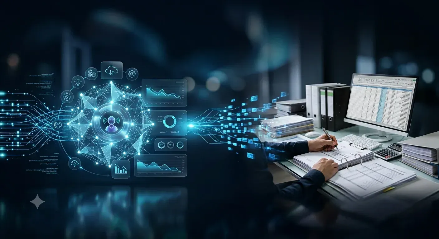 Paper records and spreadsheets turning into a connected knowledge network with analytics panels