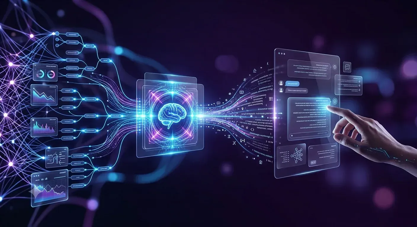 An interface prompt flowing through an AI core into branching decision paths and dashboards