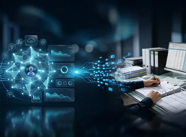 Paper records and spreadsheets turning into a connected knowledge network with analytics panels
