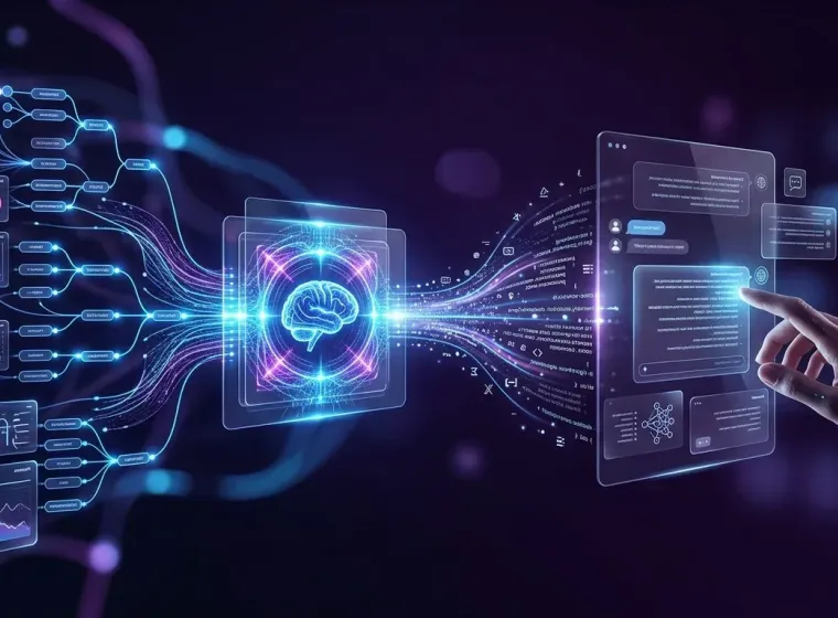 An interface prompt flowing through an AI core into branching decision paths and dashboards